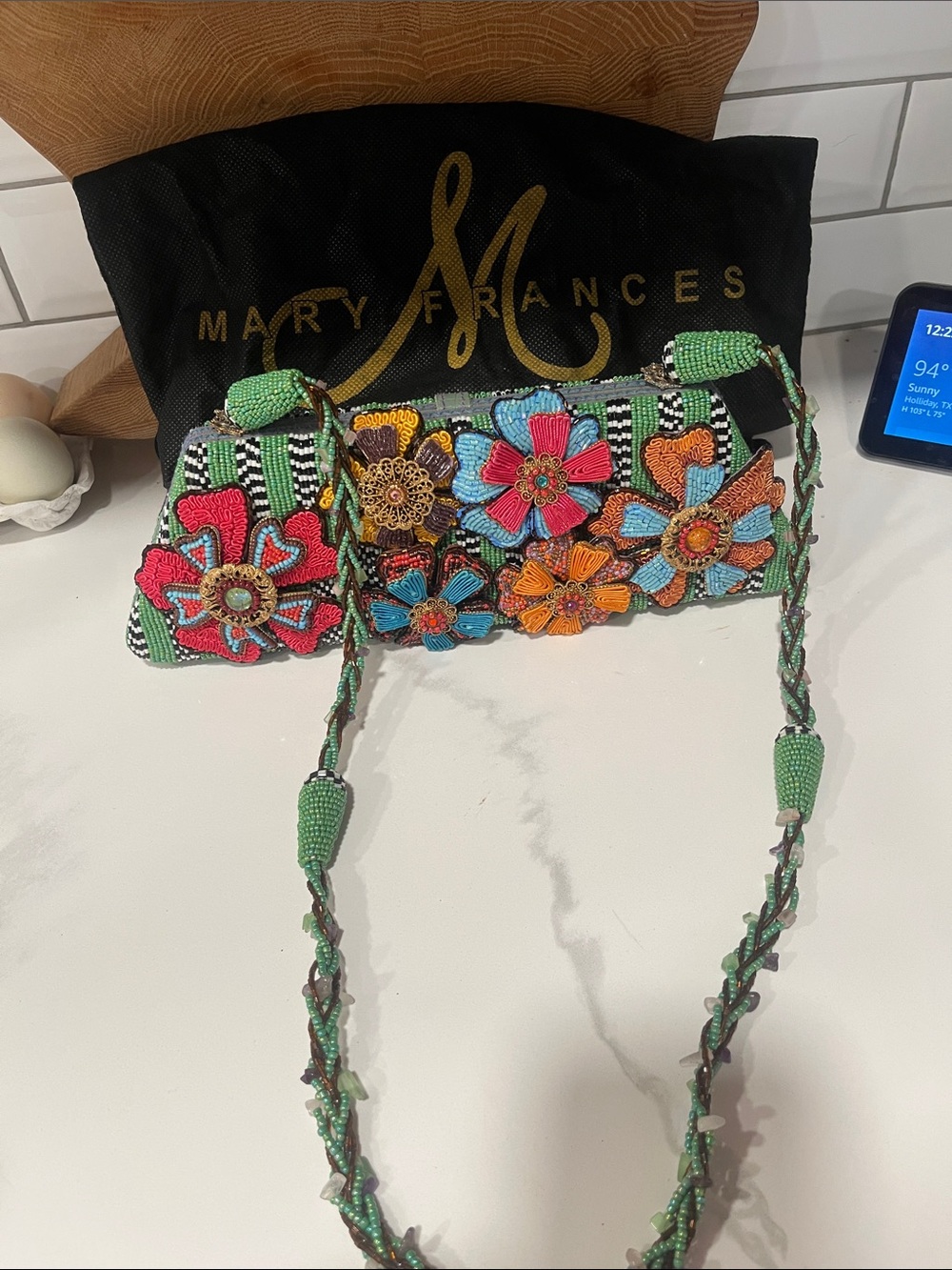 Mary Frances Multicolor Floral Beaded Crossbody Bag with Green Strap